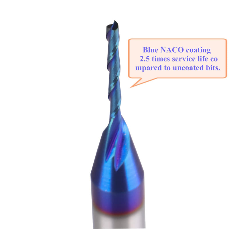2PCS Upcut Spiral Router Bit 1/4 Shank 1/16 Inch Cutting Diameter 1/2 Inch CL 2 Inch OVL Solid Carbide with Blue NACO Coating CNC End Mill for Wood Engraving Carving HZU116 2pcs 1/16D*1/2CL*2OL