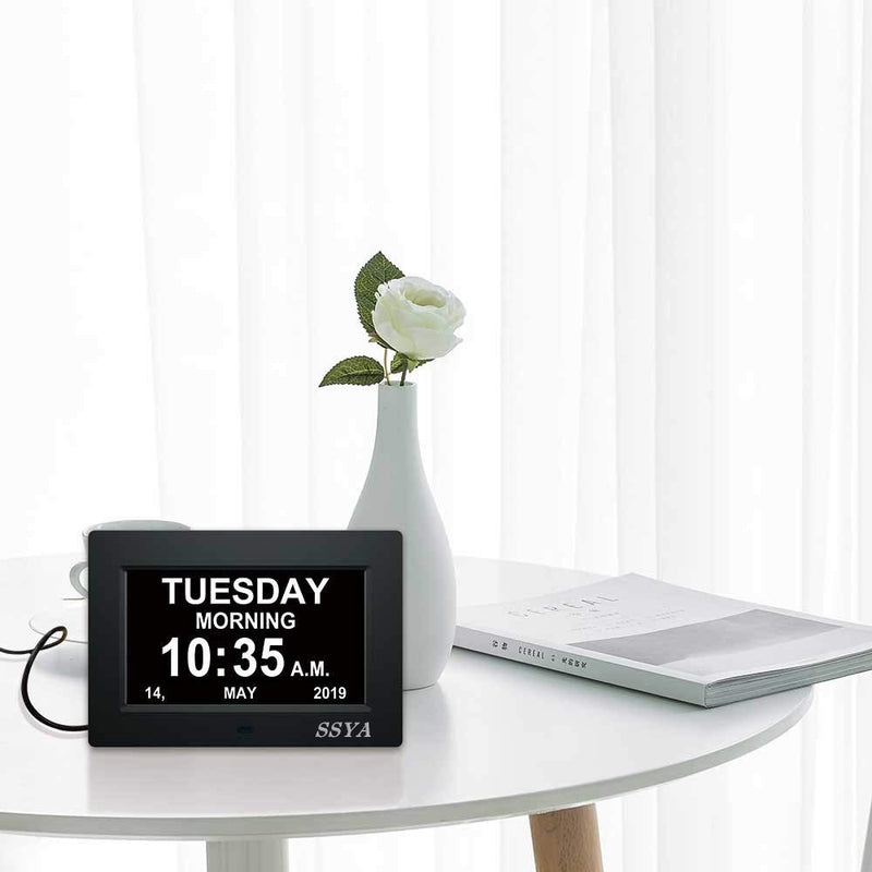 SSYA 7 Inch Calendar Clock - 12 Alarm Options, Level 5 Auto Dimmable Display,Extra Large Impaired Vision Digital Clock with Non-Abbreviated Day & Month (Black) 7" Black