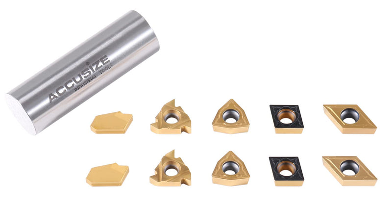 Accusize Industrial Tools 2 Pc of Each Kind of Carbide Inserts for 2988-0058, Tin Coated, Total 10 Pieces, 2988-0058Inserts | 2 Each of 16ER, GTN-3, WCMT32.5, CCMT32.5, and DCMT32.5; TiN and CVD Coated for Steel, 2988-0058INSERTS