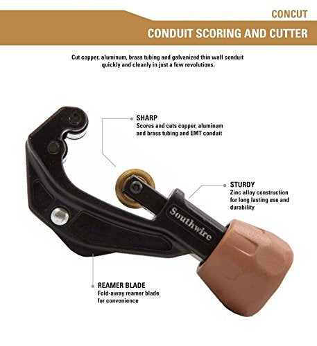 Southwire Conduit Cutter Scoring Tool - Built for Smooth EMT Cuts - Zinc Alloy Construction - Fold-Away Conduit Reamer Blade - Long-Lasting Design One Size