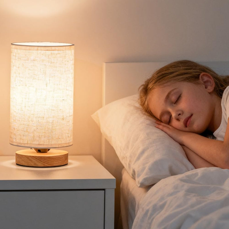 Small Bedside Night Table Lamp for Bedroom, Minimalist Nightstand Lamp with Round Fabric Linen Shade, Study Reading Desk Lamp for Kids Room, Living Room, College Dorm, Home, Office set of 1