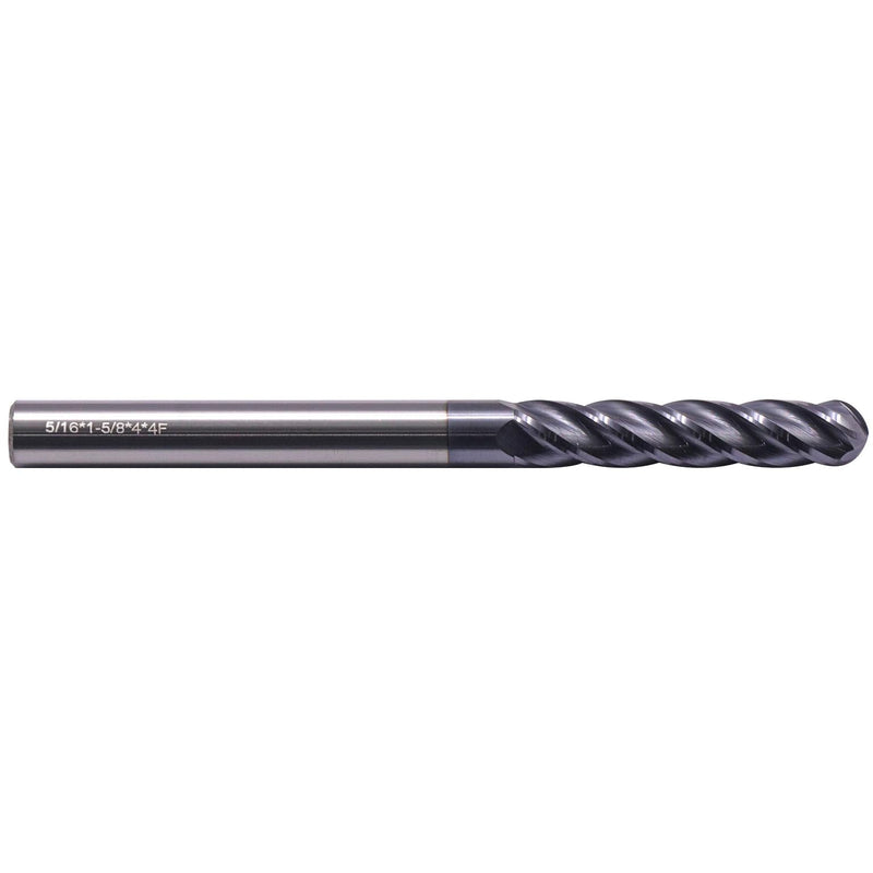5/16" 4 Flute Solid Carbide Long Ball Nose End Mill, AlTiN Coated, 4" OAL | 30° Helix, 5/16" Cutting, 5/16" Shank, 1-5/8" LOC, for Milling Stainless Steel, Hardened Steel, Alloy Steel 5/16 in