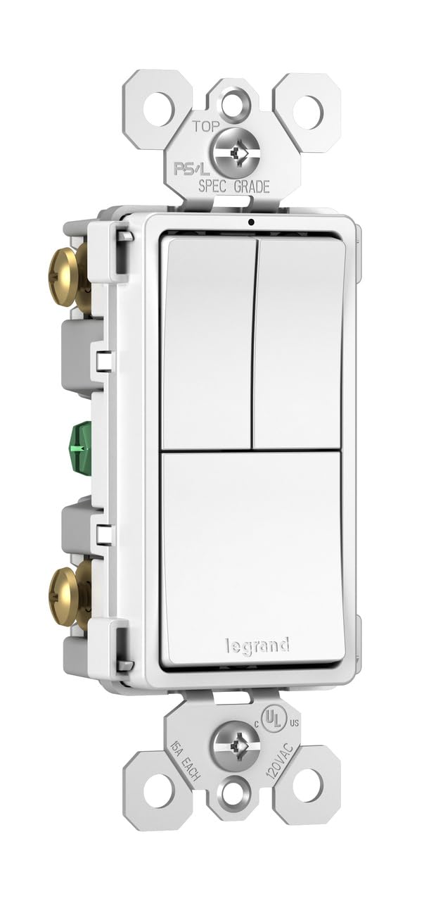 Legrand Radiant RCD113WCC6 15 Amp Combination 3-in-1 Decorator Rocker Light Switch, Two Single Pole Switches and One 3-Way Switch, White with Screwless Wall Plate (1 Count) 1 Pack With Wall Plate