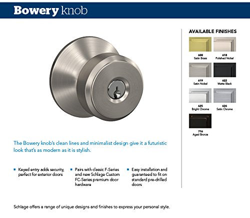 SCHLAGE F51A BWE 608 PLY Bowery Knob with Plymouth Trim Keyed Entry Lock, Satin Brass