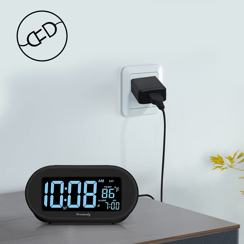 DreamSky Alarm Clocks for Bedrooms, Auto Set Digital Desk Clock for Bedside Nightstand, Electric Clock with Dimmable Brightness Dimmer, Auto DST, USB Port, Date, Temperature, Snooze Black