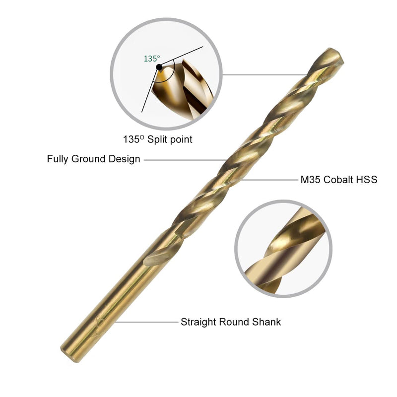 13Pcs Cobalt Drill Bits Set, M35 HSS 135 Degree Tip, Twist Jobber Length Drill Bit Kit for Hardened Metal, Cast Iron, Stainless Steel, Plastic and Wood with Storage Case 1/16"-1/4" 13 pcs Cobalt