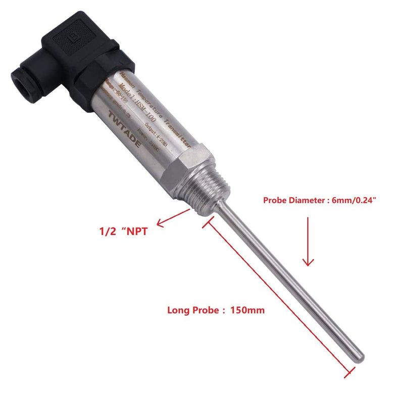 TWTADE Industrial Temperature Sensor Temperature Transmitter -50°C~+150°C, 2-Wire 4-20mA Signal Output 1/2" NPT, Male Thread, Probe Rod Length: 150MM 1/2"NPT-150mm