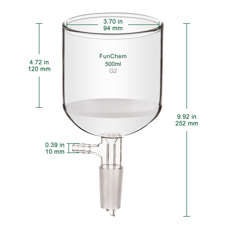 FunChem Buchner Filtering Funnel with Medium Frit (G2), I.D. 94 mm, 100mm Depth, with 24/40 Standard Taper Inner Joint and Vacuum Serrated Tubulation, 500 mL 500.0 milliliters Round 1 YQ-BuchnerFilter-G2-Vac