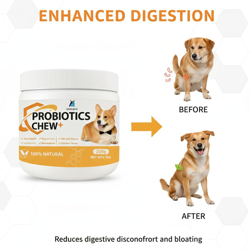 Aarkani Probiotics Chew+ – Natural Digestive & Immune Support for Dogs | 100 Soft Chicken-Flavored Chews