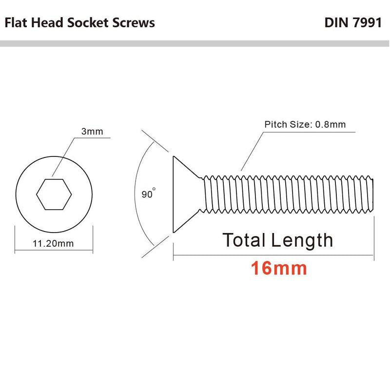 M5-0.8 x 16mm Flat Head Socket Cap Screws Countersunk Bolts, Alloy Steel Grade 10.9, DIN 7991, Allen Socket Drive, 100 PCS M5 x 16mm