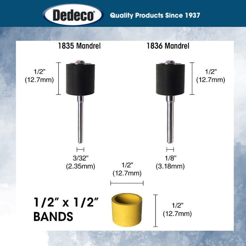 Dedeco Sunburst - 1/2” x 1/2” Bands - Precision Cylinder Thermoplastic Rotary Sanding and Polishing Tool Set, Assorted: 1 Each 8 Grit Textures Plus 1835 Mandrel (9 Piece) 9 1/2"x1/2" - Asst: 1 Each 8 Grits & 1835 Mandrel