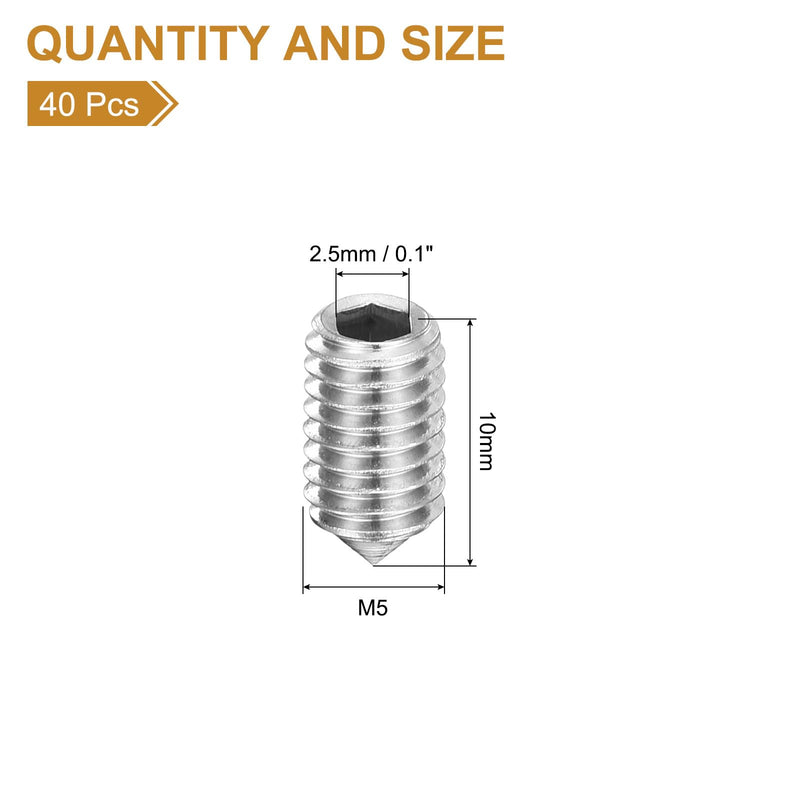 uxcell 40Pcs Set Screws M5x10mm 304 Stainless Steel Cone Point Hex Socket Grub Screws for Machinery, Home Repairs, and Fixtures Silver 40