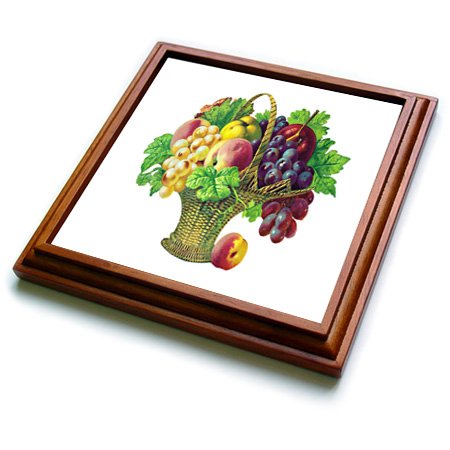 3dRose Tall Basket of Fruits with Grapes, Peaches, Apples and Grape Leaves Trivet with Ceramic Tile, 8 by 8", Brown