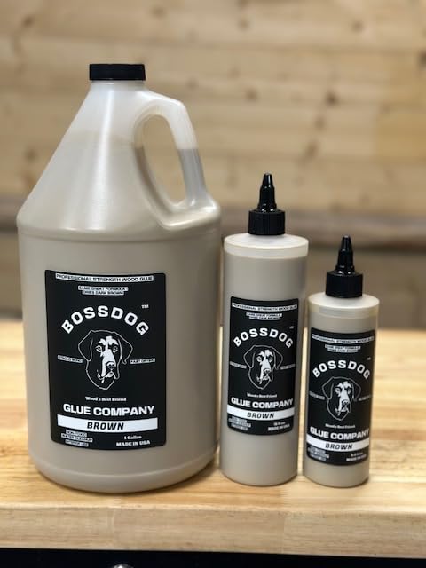 BOSSDOG Brown Wood Glue 16 fl oz. Strong Bond, Fast Drying, Cutting Board Safe, Dries Dark Brown, Carpentry Projects, DIY Home Repair, Woodworking, Furniture Repair. Made by a Maker, for Makers