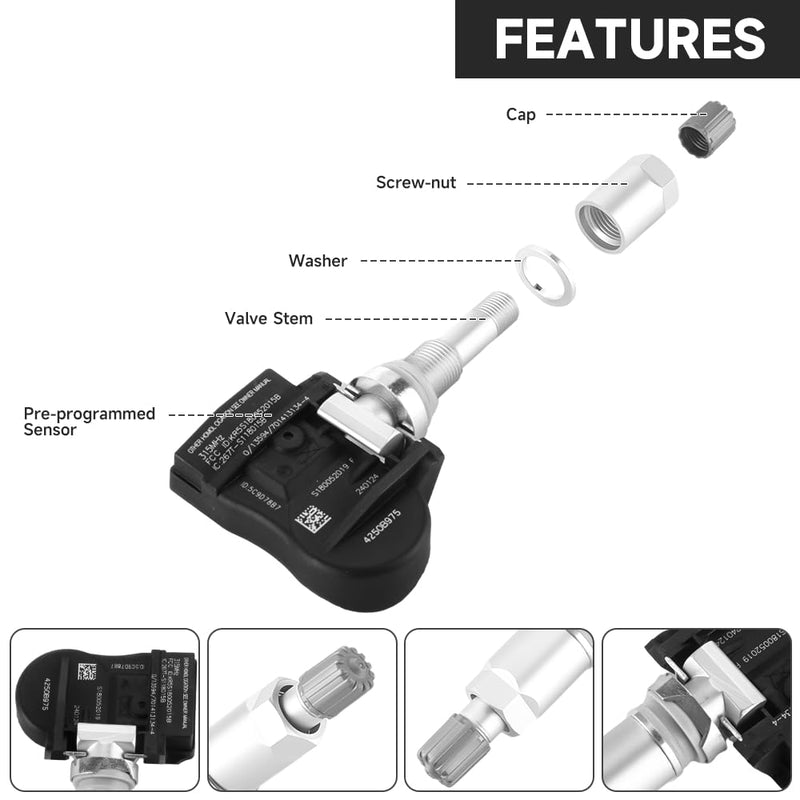 315MHz TPMS Sensor, Tire Pressure Monitoring System Sensor - Compatible for Mitsubishi Outlander, Lancer, i-MiEV, Outlander Sport - Replace Part 4250B975 Set of 4