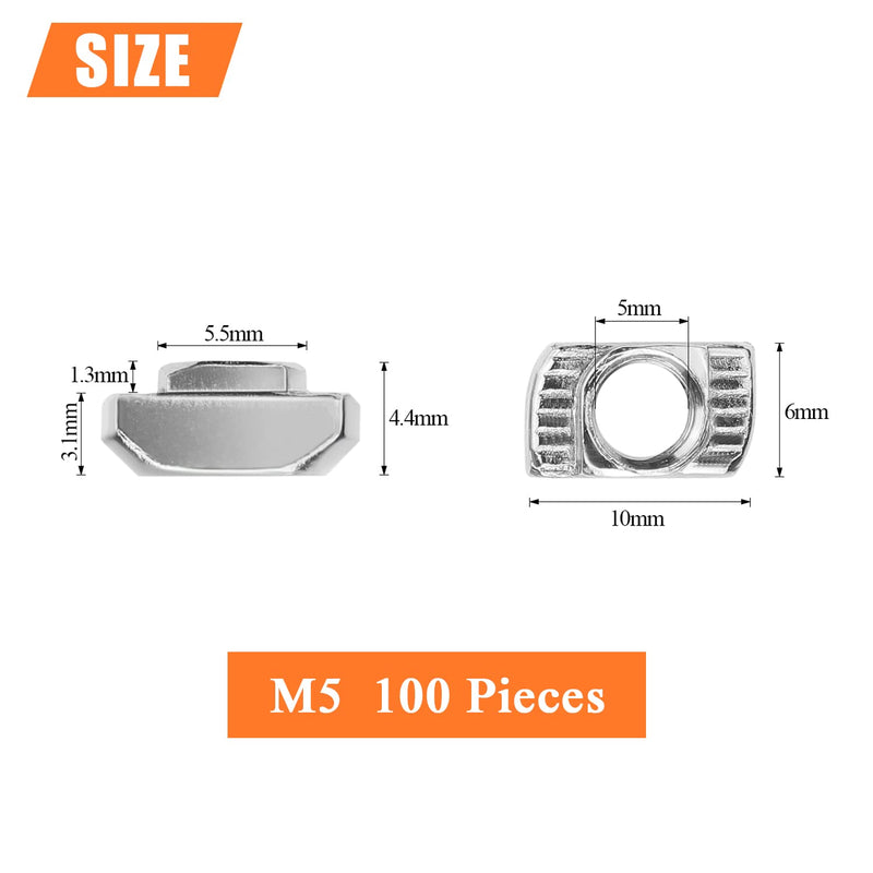 100 Pieces 2020 Series M5 T Nuts, M5 T Slot Nuts for Aluminum Profile M5 (100 PCS)