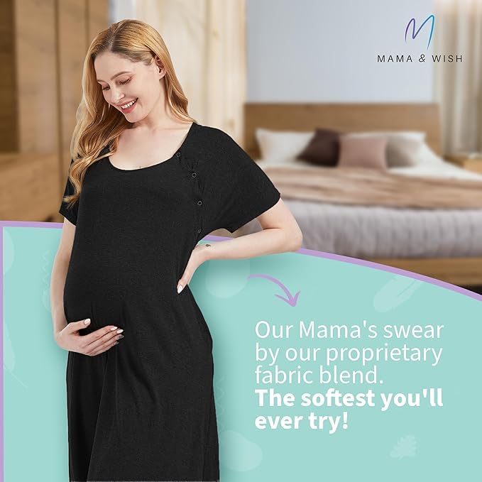 Mama & Wish Labor and Delivery Gown 3 in 1 Labor, Delivery and Nursing Gown for Hospital Made with Ultra-Soft Fabric for Ultimate Comfort! Black (Medium)