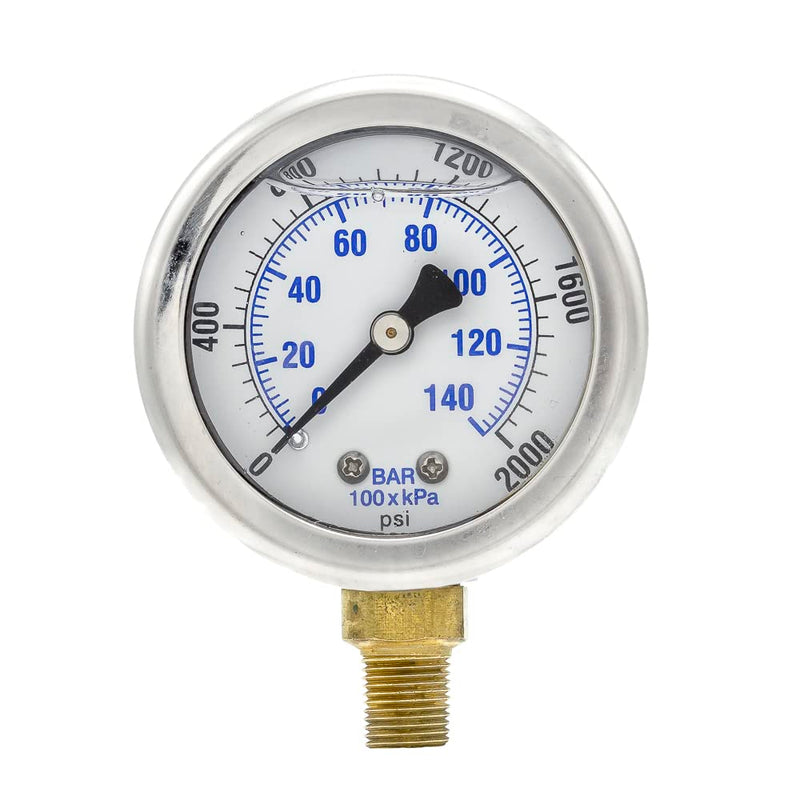 Liquid Filled Lower Mount Pressure Gauge with 2" Dial, 0-2000 PSI, 1/8" Male NPT Connection, Stainless Steel CASE and Bezel (1)