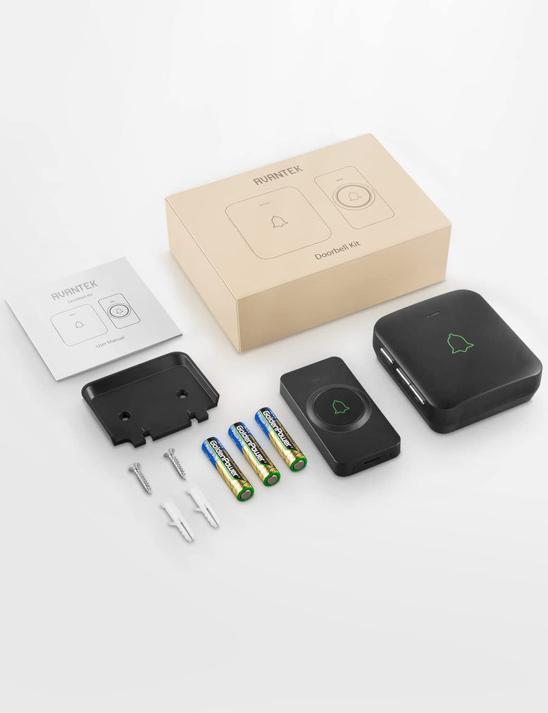 AVANTEK Wireless Door Bell, BA-11 Waterproof Battery Operated Doorbell Chime Operating at 1000 Feet, Portable Door Chime kit with 52 Melodies, 5 Volume Levels, and CD Quality Sound Black