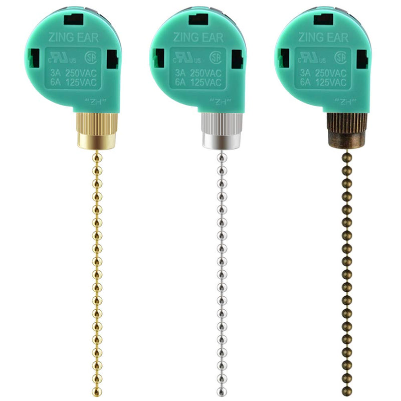 3 Pack Ceiling Fan Switch 3 Speed 4 Wire Zing Ear ZE-268S6 Fan Pull Chain Switch Replacement Speed Control Switch for Ceiling Fan Light, Wall Lamps, Cabinet Light (Multicolored) Brass,Nickel,Bronze