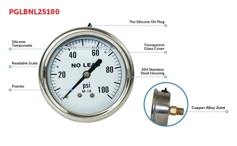 Merrill MFG 0~100 PSI Stainless Steel 1/4" NPT Liquid Filled Pressure Gauge WOG Water Oil Gas Center Back Mount… 100 PSI