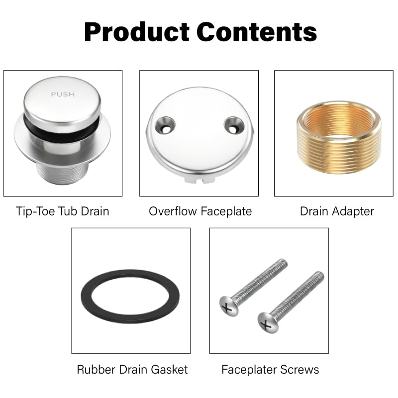 Tub Drain Tip-Toe Trim Set with Two-Hole Overflow Faceplate,Bath Tub Drains Conversion Kit with Universal Fine/Coarse Thread,Replacement Bathtub Drain Stopper Assembly(Chrome) Bathtub Drain-chrome Plated