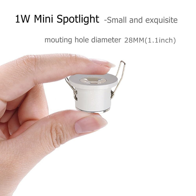 2Pack 1W Mini Spotlights Indoor Recessed Ceiling Showcase Display Under-Cabinet Lights Fixture with AC 110V/220V to DC 3-12V LED Driver Power Supply 3000K Warm-White Lighting White-Shell