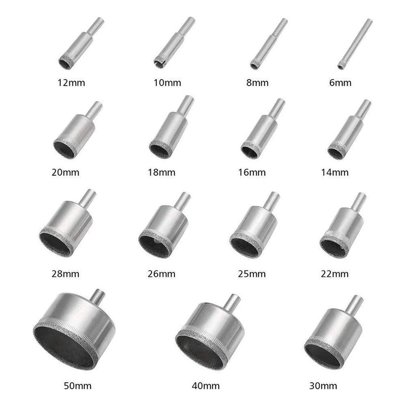 3 otters 15PCS Diamond Hole Saw Kit, Glass Drill Bits for Drilling Holes in Glass, Bottles, Marble, Granite Stone, Tile Cutting 0.24 Inch - 2 Inch（6mm - 50mm