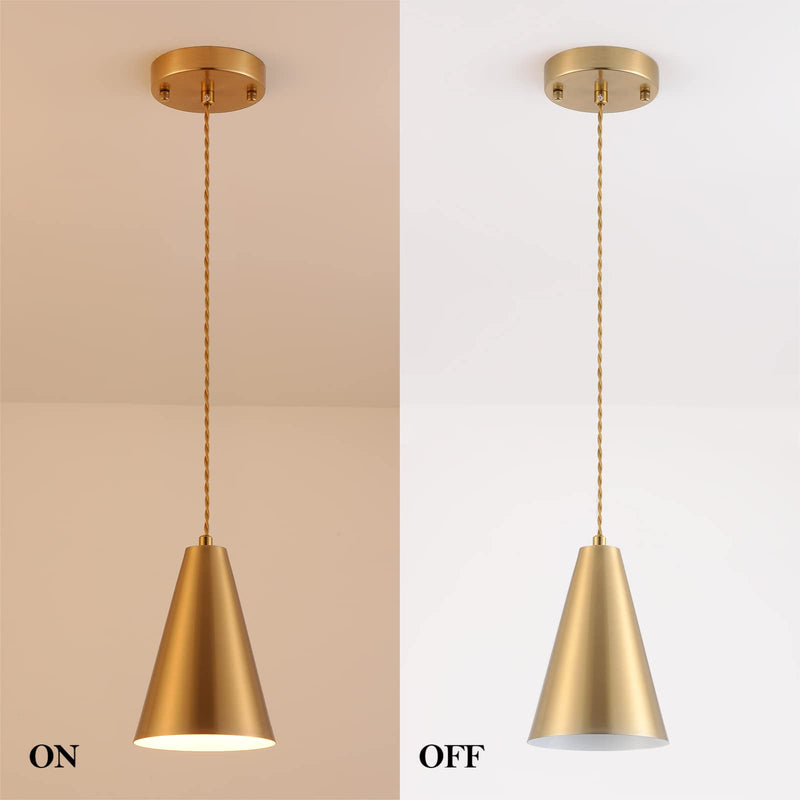 Gold Pendant Lights Kitchen Island,Dining Room Light Fixtures Over Table 3 Pack with Brushed Brass Cone Metal Shade, Modern Farmhouse Mini Chandeliers,Adjustable Cord Hanging Lighting for Bar,Sink 3Pack Gold