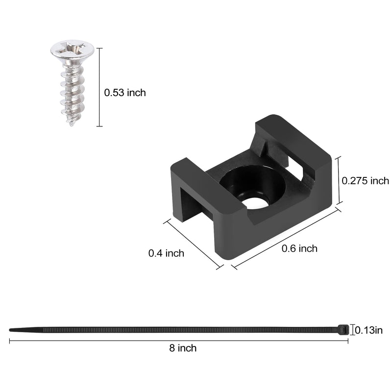 XHF 100 Pcs Cable Zip Tie Saddle Type Mounts Base with 100 Pcs 8" Cable Ties and 100 Pcs Tapping Screw, Wire Cable Clips Organizer Holders Clamps Black 0.6 inch