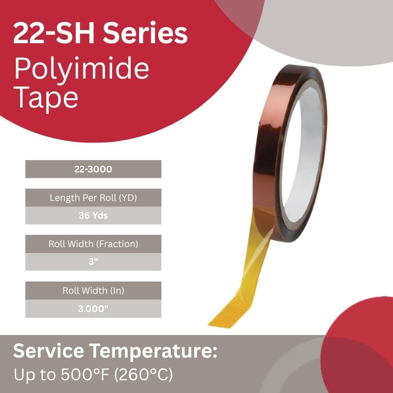 Caplugs 22-3000 – 22-SH Series – 1 Mil Thick Amber Polyimide Tape, 1 Roll, Width 3" x Length 36 Yds, High Temp Electronics Coating Up to 500° F (260° C), Solder Masks for Circuit Boards (SH-10347)