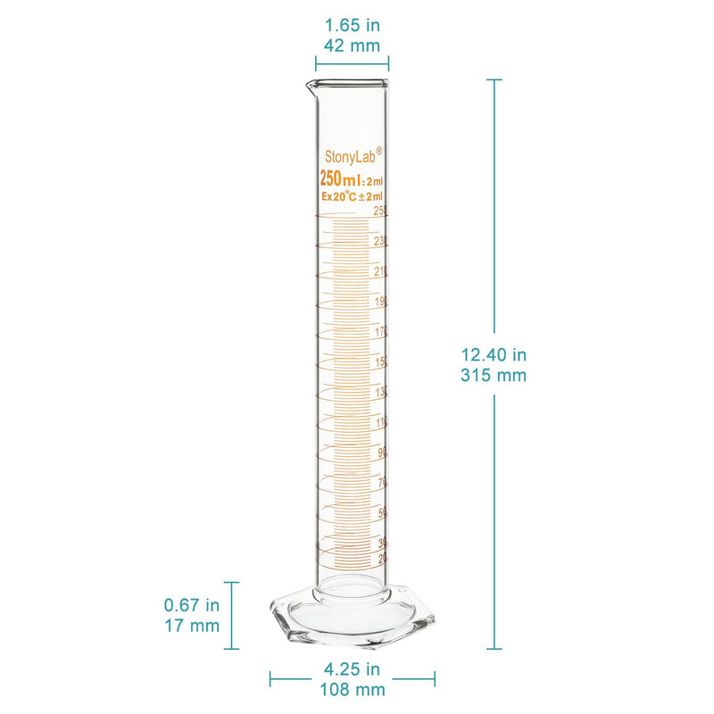 stonylab Graduated Cylinder, 2-Pack B Grade Borosilicate Glass Cylinder with Stable Hexagonal Base, 250 ml