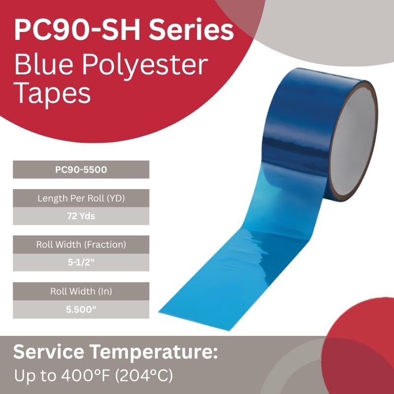 Caplugs PC90-5500 – PC90-SH Series – 1 Mil Thick Blue Polyester Tape, 1 Roll, 5-1/2" W x 72 Yds L, 2 Mil Silicone Adhesive, High Temperature Masking, Powder Coating, E-Coating, Anodizing (SH-47945)