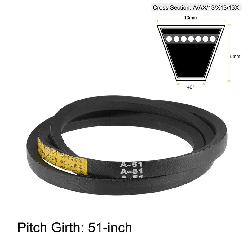 uxcell A51 Drive V-Belts 51" Pitch Length 13mm Width 8mm Thick JIS Standard A-Section Rubber Drive Transmission Belt 2pcs 51"