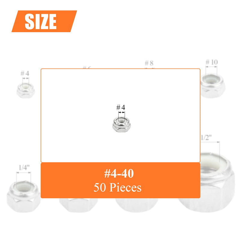 50 Pieces #4-40 Nylon Insert Hex Lock Nuts, 304 Stainless Steel (18-8) Locknuts, Bright Finish, Coarse Thread #4-40 (50 pcs)