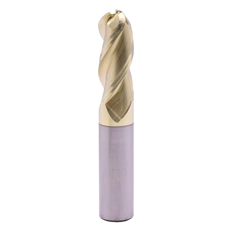 1/2" 3 Flute Solid Carbide Ball Nose End Mill for Aluminum, ZrN Coated | 37° Helix, 1/2" Cutting Dia, 1/2" Shank Dia, 1-1/4" Length of Cut, 3" Overall Length, for Milling Aluminum and Copper 1/2 in