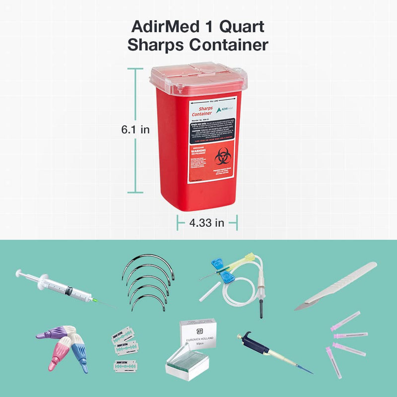 AdirMed Sharps Disposal Container with Flip Open Lid - Biohazard and Syringe Disposal Container - Ideal for Home, Clinic, Office, Barber Use with Flip-Open - (1 Quart, 6-Pack) 1 Quart 32 Fl Oz (Pack of 6)