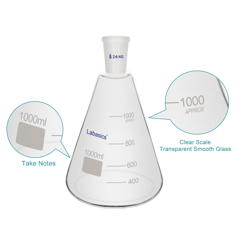 Labasics Glass 24/40 Erlenmeyer Flask, Borosilicate Glass Heavy Wall Flask with 24/40 Standard Taper Outer Joint, 1000 ml