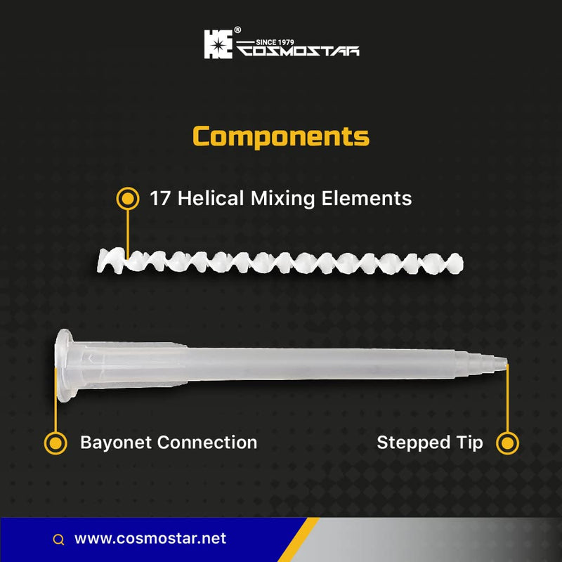 CosmoMix Helical Static Mixer Nozzle Tube Tip, Bayonet Connection, 4 In, 17 Elements, 50 Pcs Epoxy Mixing Nozzle Tip, Static Mixer Plastic Resin Mixing For AB Glue Acrylic Adhesive Gun Mixer RCS06-17S RCS06-17L