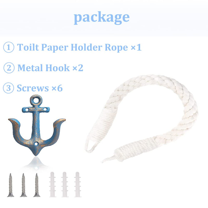 2 Pcs White Nautical Rope Toilet Paper Holder Wall-Mounted Towel Ring Nautical Toilet Paper Holder with Metal Hooks Coastal Towel Rack （Blue+Blue） Blue+blue