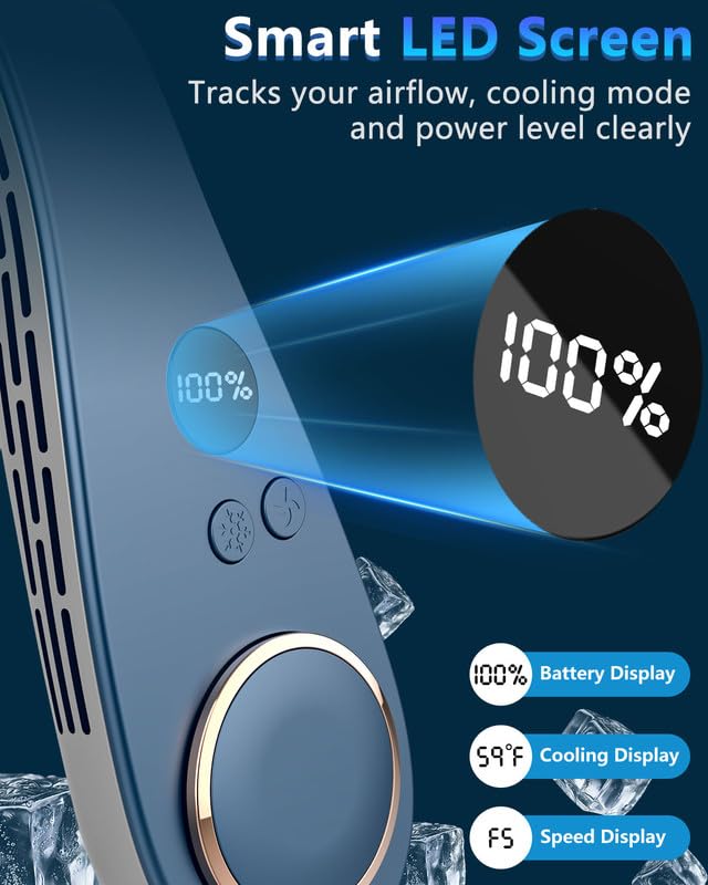 Neck Air Conditioner with Cooling Plate,Portable Neck Fan Air Conditioner,Recargable Long Life Bladless Personal Fan for Neck,Silent Headphone Round Conditioning Unit Gadgets for Travel Camping Disney Blue