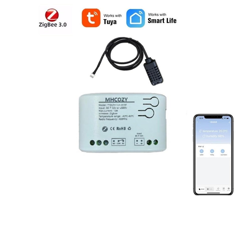 Zigbee Temperature & Humidity Controller, Extendable Probe Sensor, Tuya App Remote, 10A Relay Switch (T&H, 12, Volts) T&H 12 Volts