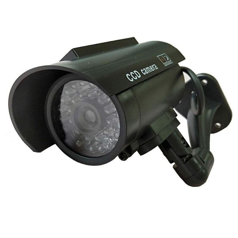 Solar Powered Dummy Fake Security Camera Bullet CCTV Surveillance with Simulated LED Realistic Red Flashing Light and Security Warning Sticker Decal Indoor Outdoor, 2 Pack