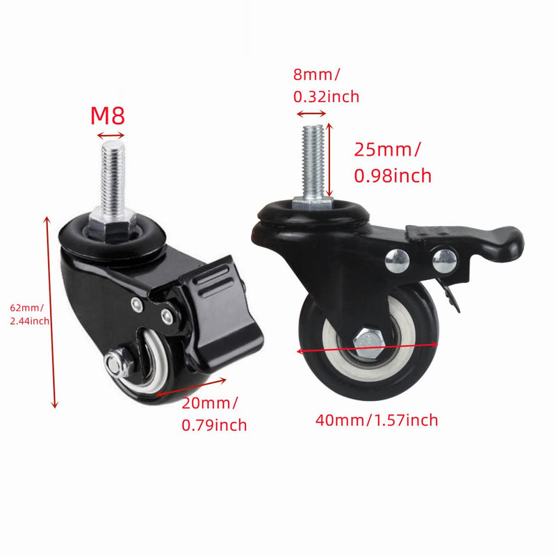 4Pcs 1.5 Inch Heavy Duty Caster Wheels Swivel Casters with Brake and M8 Threaded Stem, Loading 50kg/110lbs Black Rubber - NewNest Australia