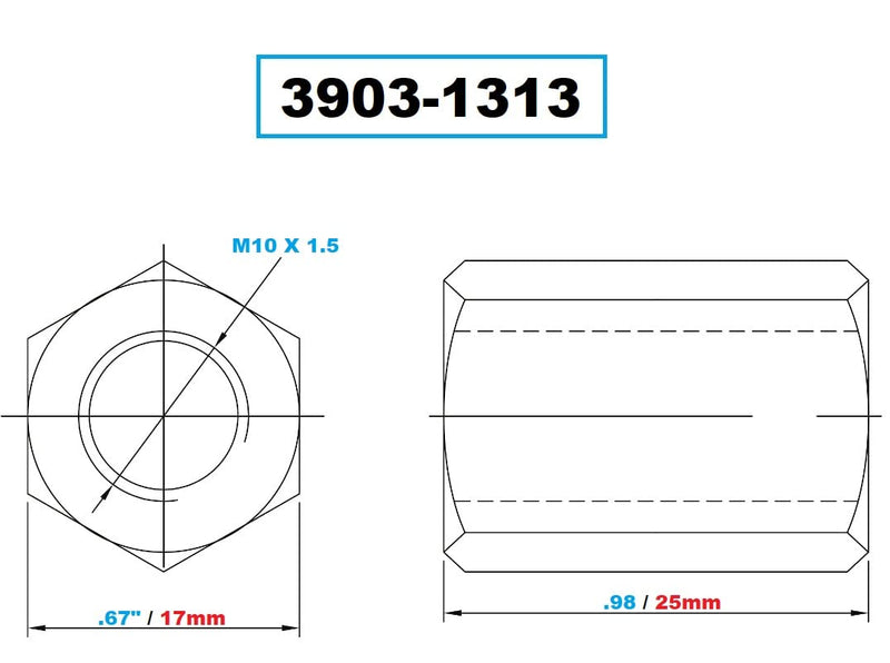 Vertex 3903-1313 M10 X 1.5 25mm Long Coupling Nut M10 x 1.5 Thread