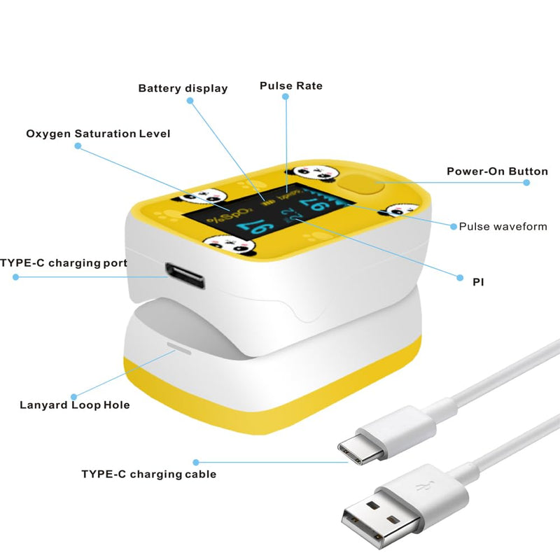 Children Digital Fingertip Pulse Oximeter Blood Oxygen Saturation Monitor with Adorable Animal Theme USB Rechargeable (fit for newborn/infant) For sports and aviation use only (blue)