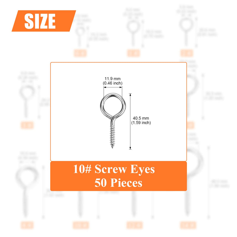 50 Pieces 10# Screw Eyes, Screw in Eye Hooks, Metal Screw Eye Pins Hooks, Nickel Plated Steel Screw Eyes, Silver 10#