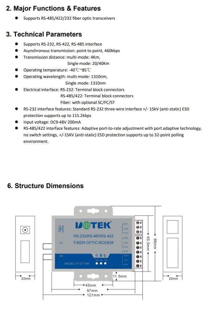 UOTEK UTEK UT-277MM-ST RS-232/422/485 to Optical Fiber Media Converters