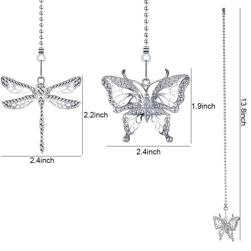 Silver Ceiling Fan Pull Chain Extender,Dragonfly and Butterfly Decorative Fan Chain Pendant Extension,12in Chain 3mm Beaded Fan String Chain Ornaments with Connector for Fan Lamp,2Pack Silver