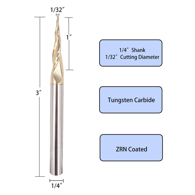 2PCS Tapered Ball Nose End Mills 1/4" Shank, 1/32" Cutting Diameter, 6.2 Degree, Solid Carbide CNC Router Bits wiith ZRN Coated for 2D/3D Milling Engraving Carving BRB462 6.2 Deg 1/32" CD x 1" CL x 1/4" SD x 3" OL 2